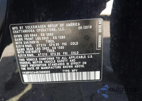 2019 Volkswagen Atlas 2.0T Se from USA, damaged, VIN 1V2DP2CA4KC606303